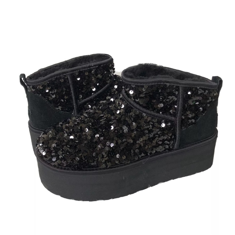 UGG ULTRA MINI PLATFORM CHUNKY SEQUIN BOOTS BLACK US 9